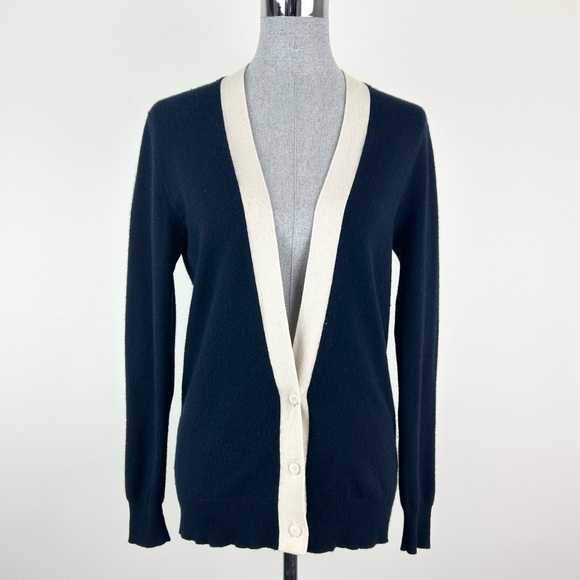 Theory Yeryina Navy Blue Cream Cashmere Cardigan Size Small - Picture 1 of 8
